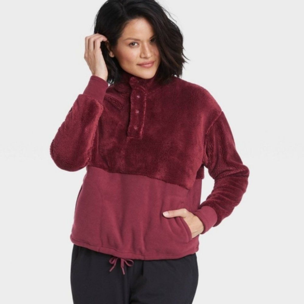 All in Motion Sherpa Pullover Sweater Burgundy Medium New
